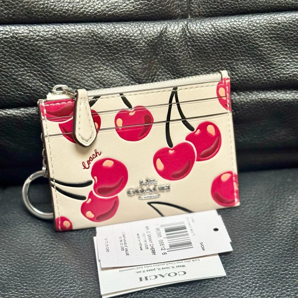 NWT Coach Mini Skinny Id Case With Cherry Print CZ463 Chalk multi